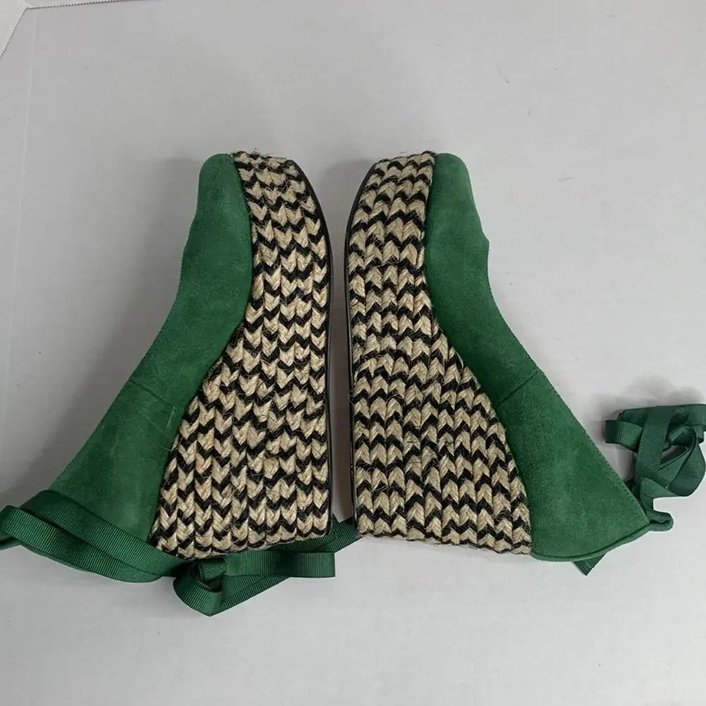 Free People Charade green suede espadrille platform wedge ankle tie pumps NWOB